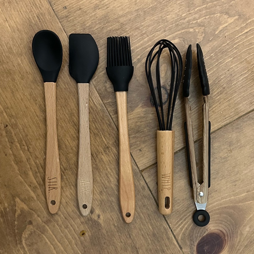 Rae Dunn Black and Wood Kitchen Utensil Set